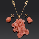 Carved Salmon Coral 14K Gold Earrings & GF Pendant + UnoAErre 18K Chain Necklace