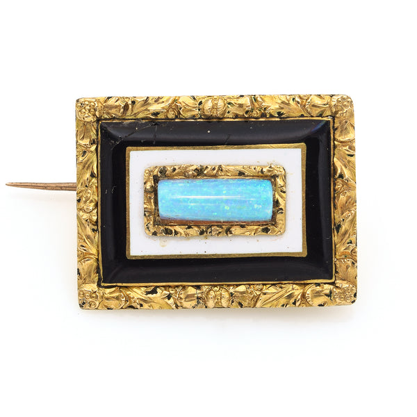 Antique Victorian 14K Yellow Gold Opal & Onyx Rectangular Brooch Pin