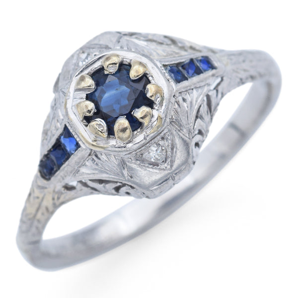 Antique Art Deco Platinum Diamond & Sapphire Band Ring Size 8.25