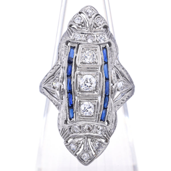 Antique Art Deco Platinum 0.33TCW Diamond & Sapphire Shield Cocktail Ring Sz5.75