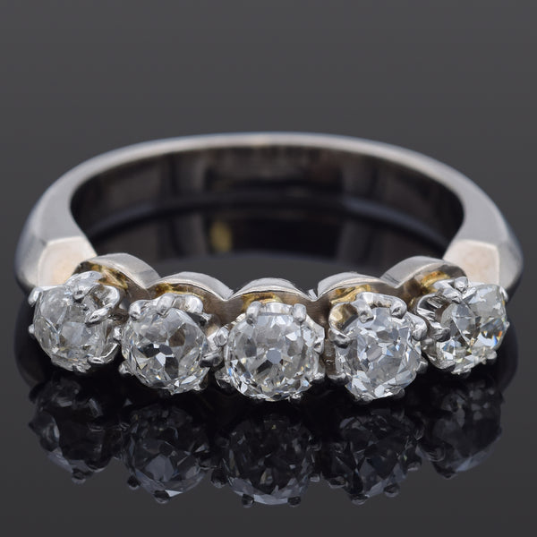 Antique 0.90 TCW Old Mine Cut Diamond 18K White Gold Band Ring Size 5