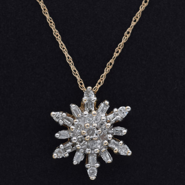 Estate 10K Yellow Gold 0.32 TCW Diamond Snowflake Pendant Necklace