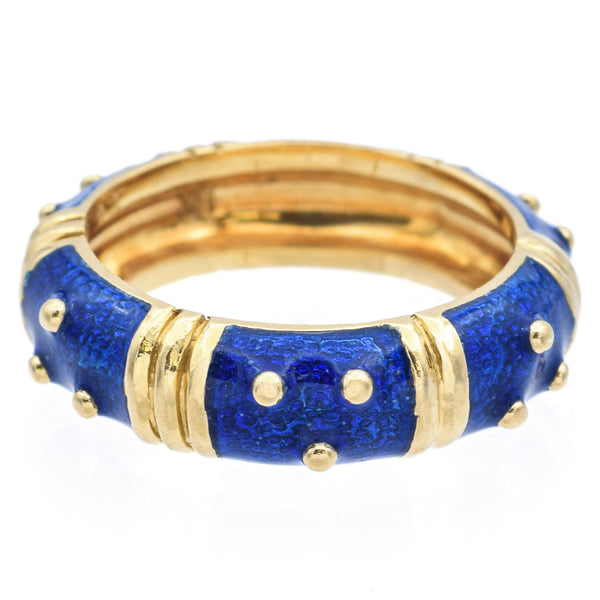 Vintage 18K Yellow Gold Blue Enamel Band Ring Size 6