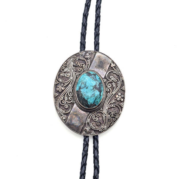 Vintage Sterling Silver Oval Turquoise Bolo Tie