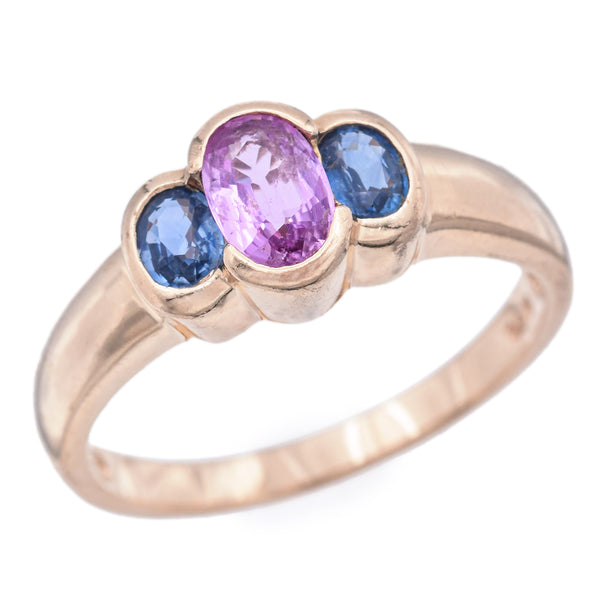 Vintage 14K Yellow Gold Pink & Blue Sapphire Three-Stone Band Ring Size 7