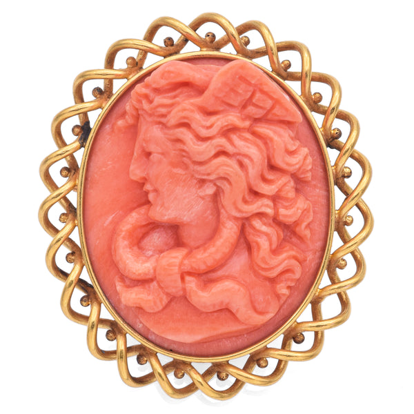 Estate Shreve & Co. 14K Yellow Gold Salmon Coral Cameo Brooch Pin
