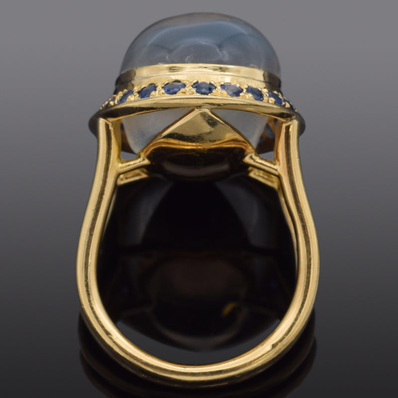Vintage 18K Yellow Gold 18.60 Ct Moonstone & Sapphire Cocktail Ring Size 5.5