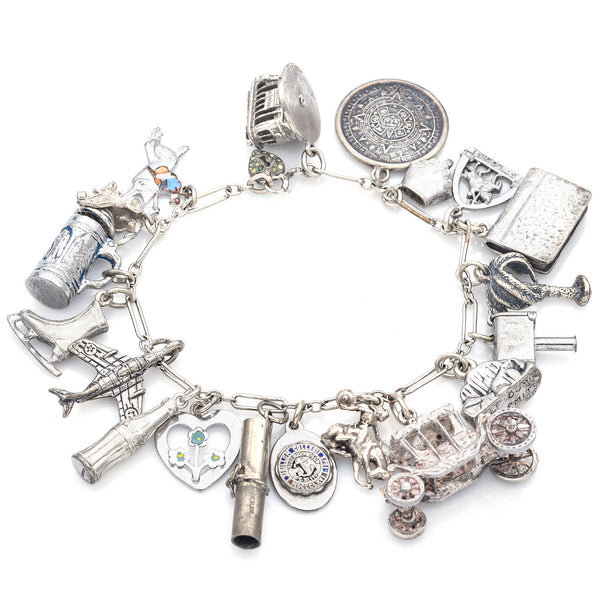 Beau Gothic Kinney Wells Sterling Silver Airplane Equestrian 19 Charms Bracelet