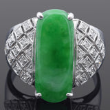 Estate 18K White Gold Green Jade & Diamond Band Ring Size 8