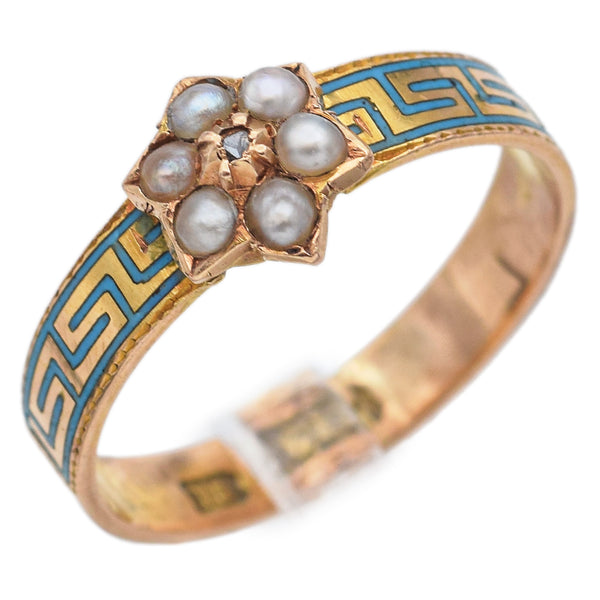 Vintage 15K Yellow Gold Seed Pearl, Diamond & Turquoise Band Ring Size 5.5
