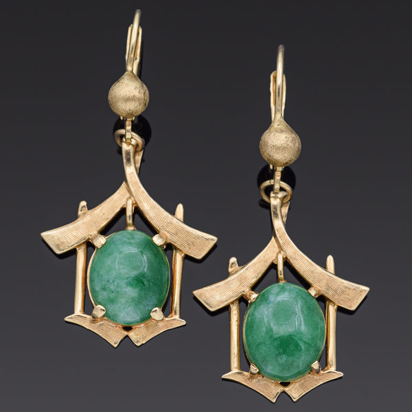 Vintage GEN Green Jade 14K Yellow Gold Asian Gate Leverback Dangle Earrings