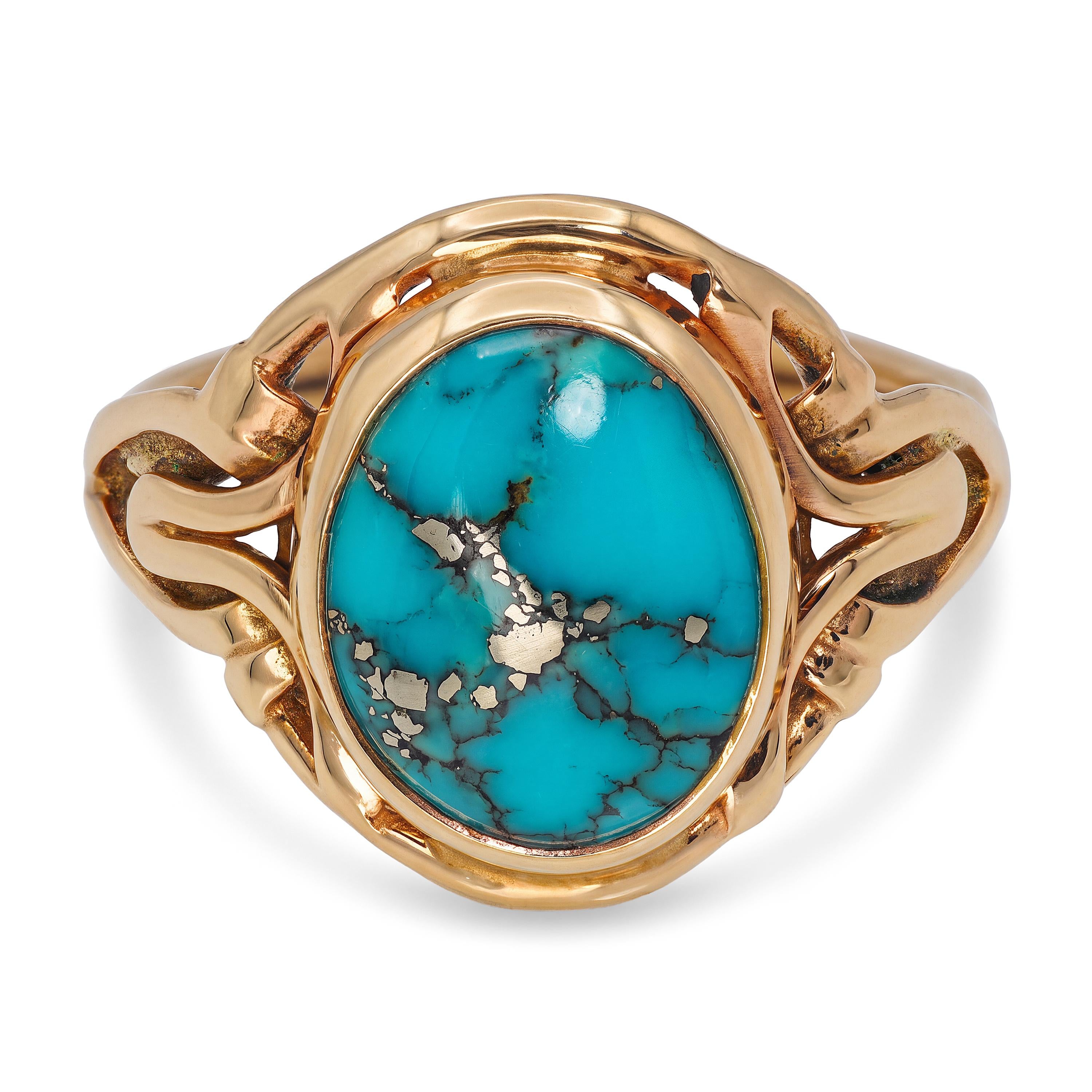 Vintage 14k Yellow Gold Turquoise Cabochon Woven Wire Ring