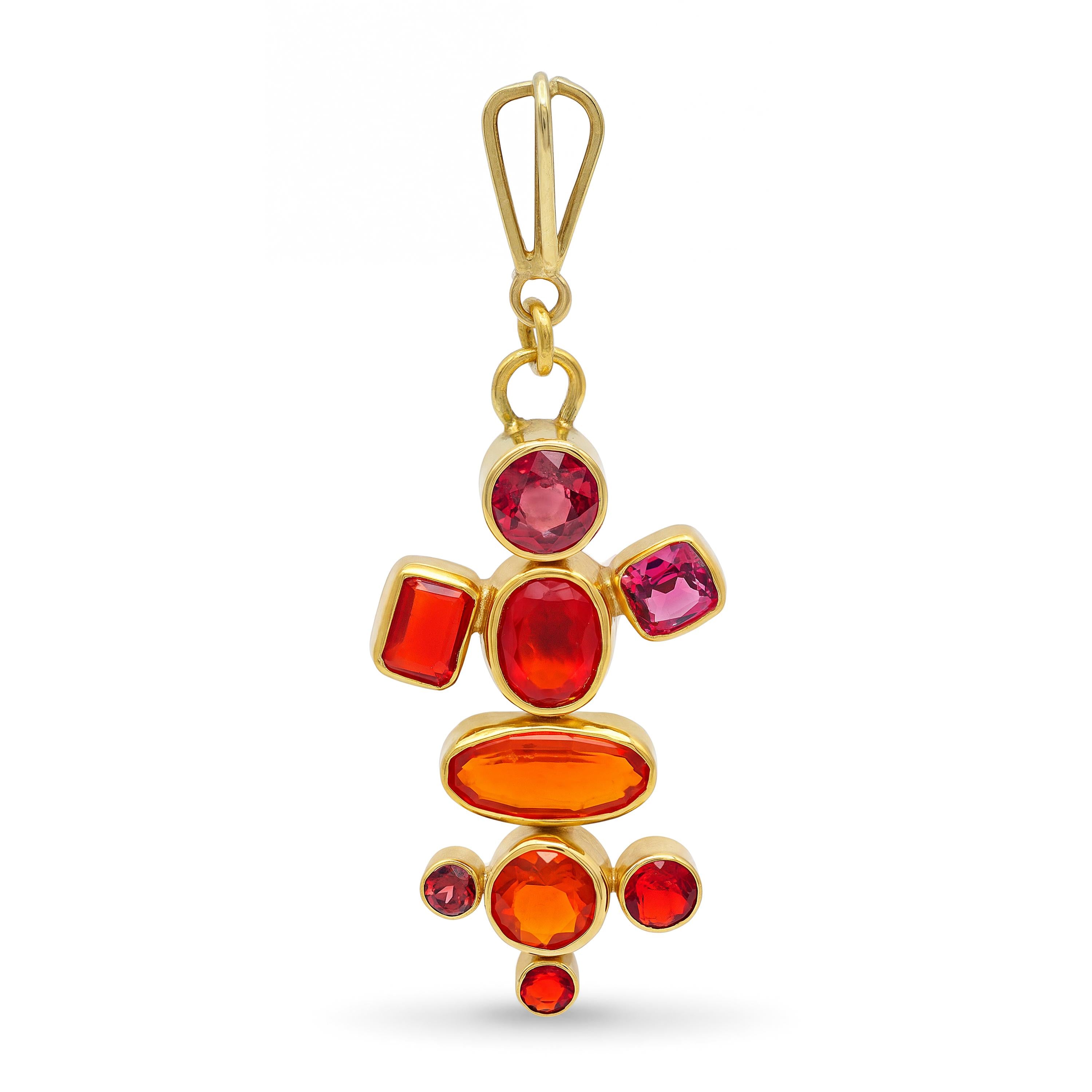 Vintage Suz Andreasen 14k Yellow Gold Fire Opal and Ruby Multi-Gemstone Pendant