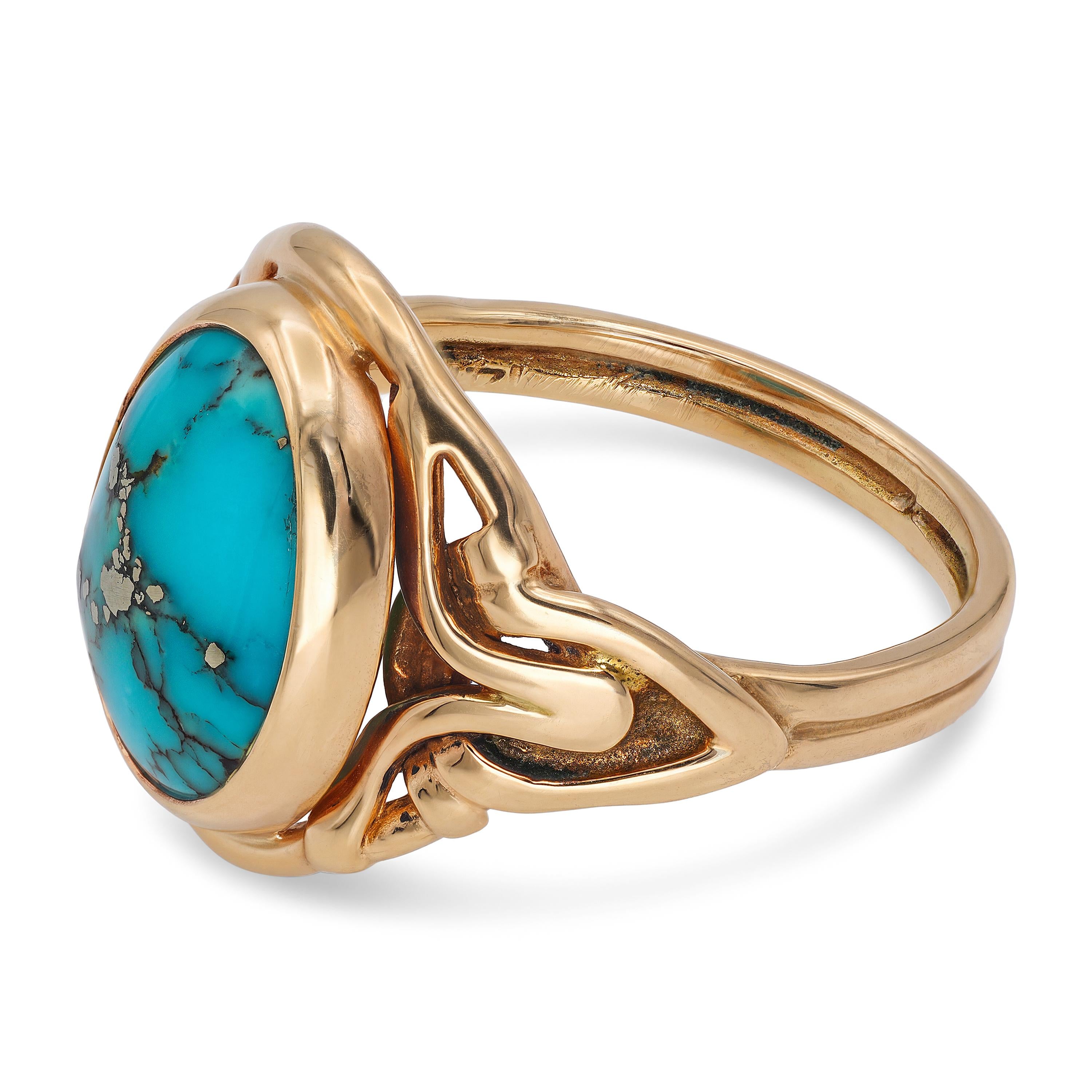 Vintage 14k Yellow Gold Turquoise Cabochon Woven Wire Ring