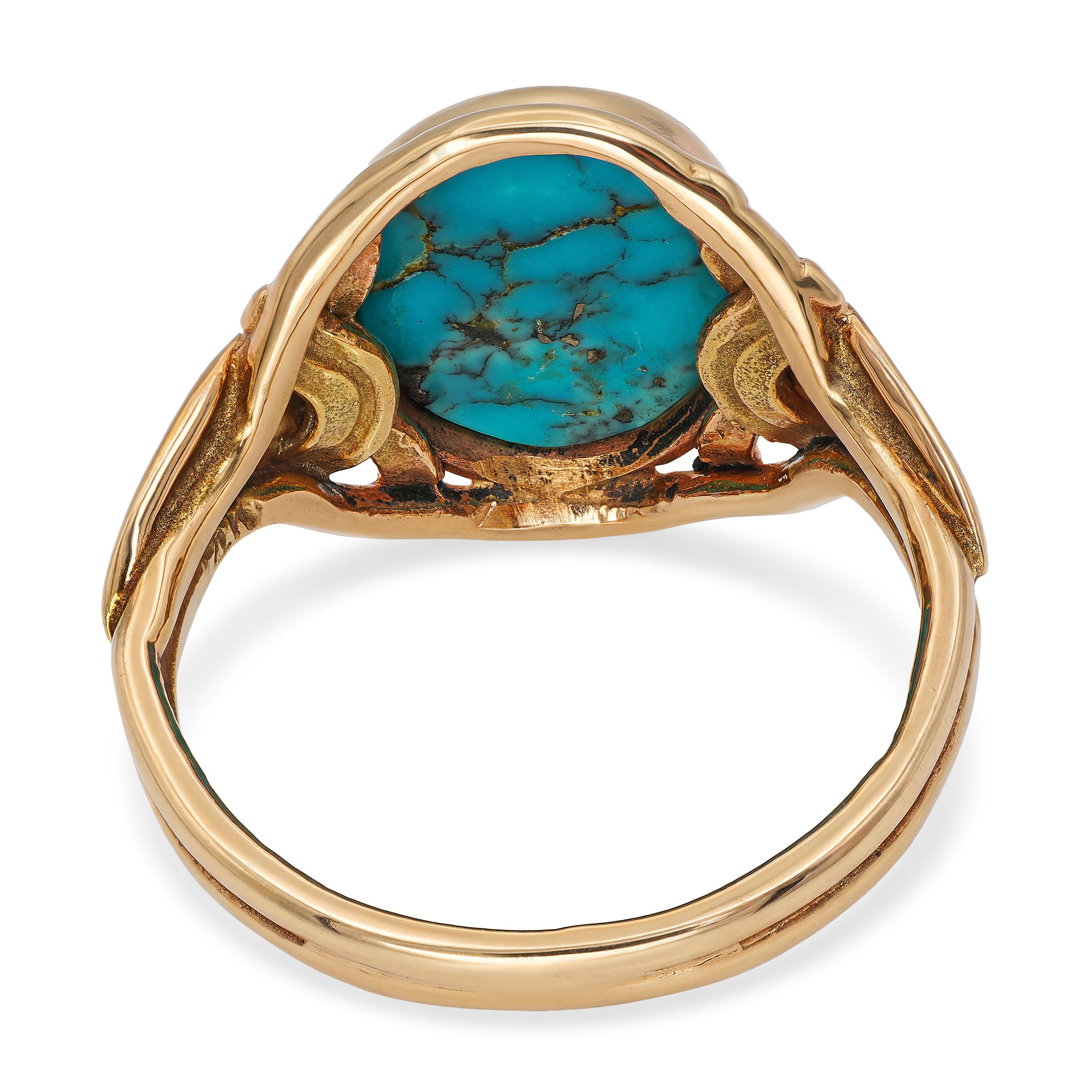 Vintage 14k Yellow Gold Turquoise Cabochon Woven Wire Ring