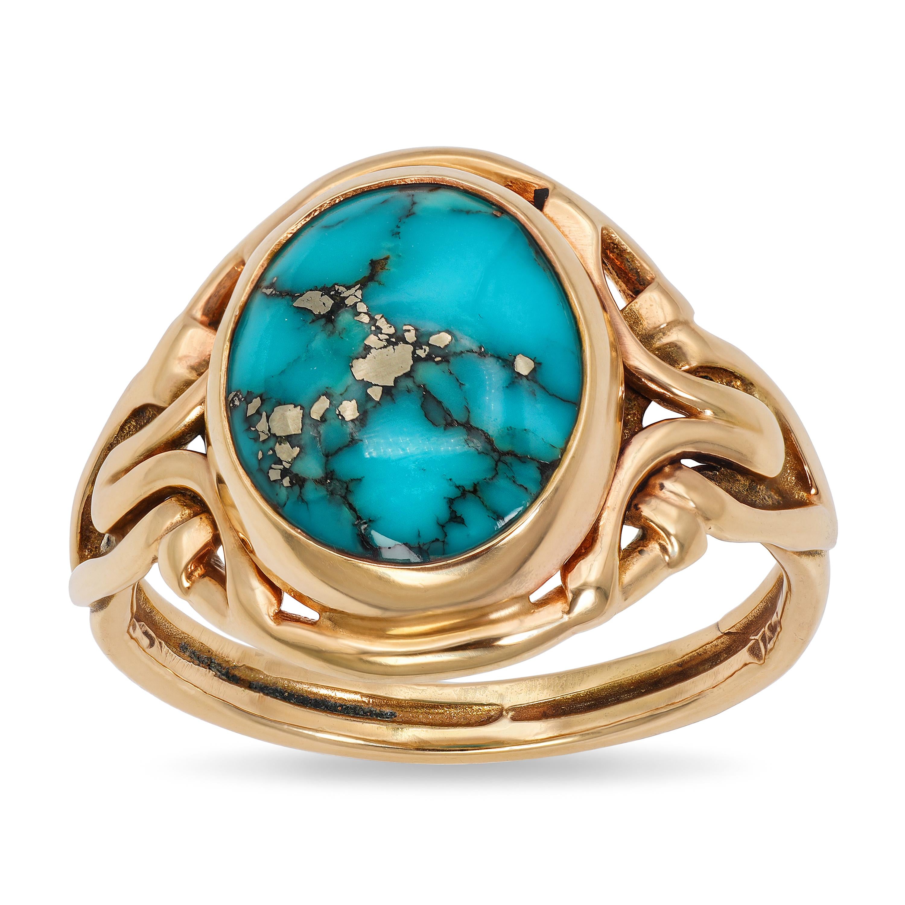 Vintage 14k Yellow Gold Turquoise Cabochon Woven Wire Ring
