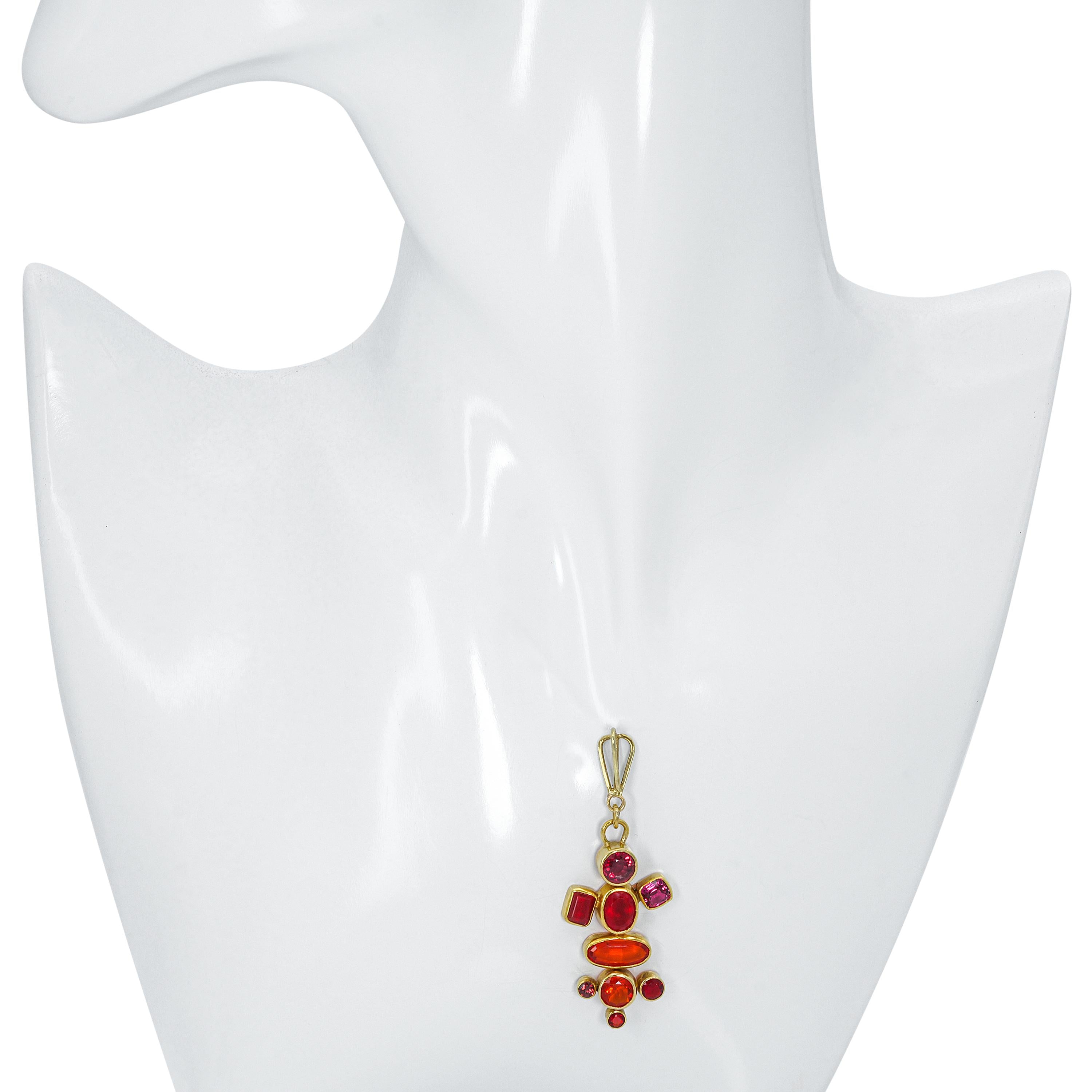 Vintage Suz Andreasen 14k Yellow Gold Fire Opal and Ruby Multi-Gemstone Pendant