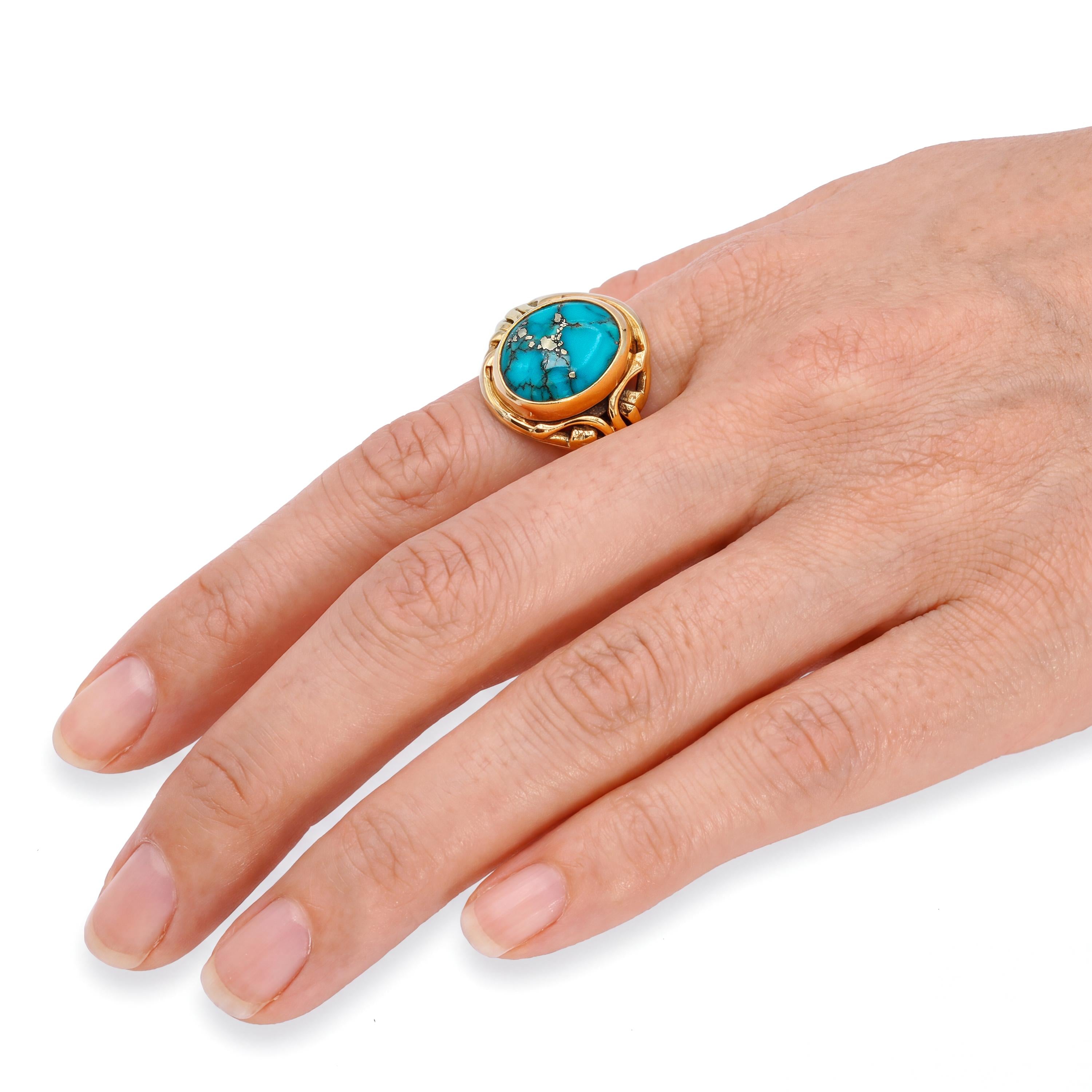 Vintage 14k Yellow Gold Turquoise Cabochon Woven Wire Ring