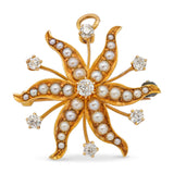 Antique Victorian 12k Yellow Gold OEC Diamond Pearl Starburst Brooch