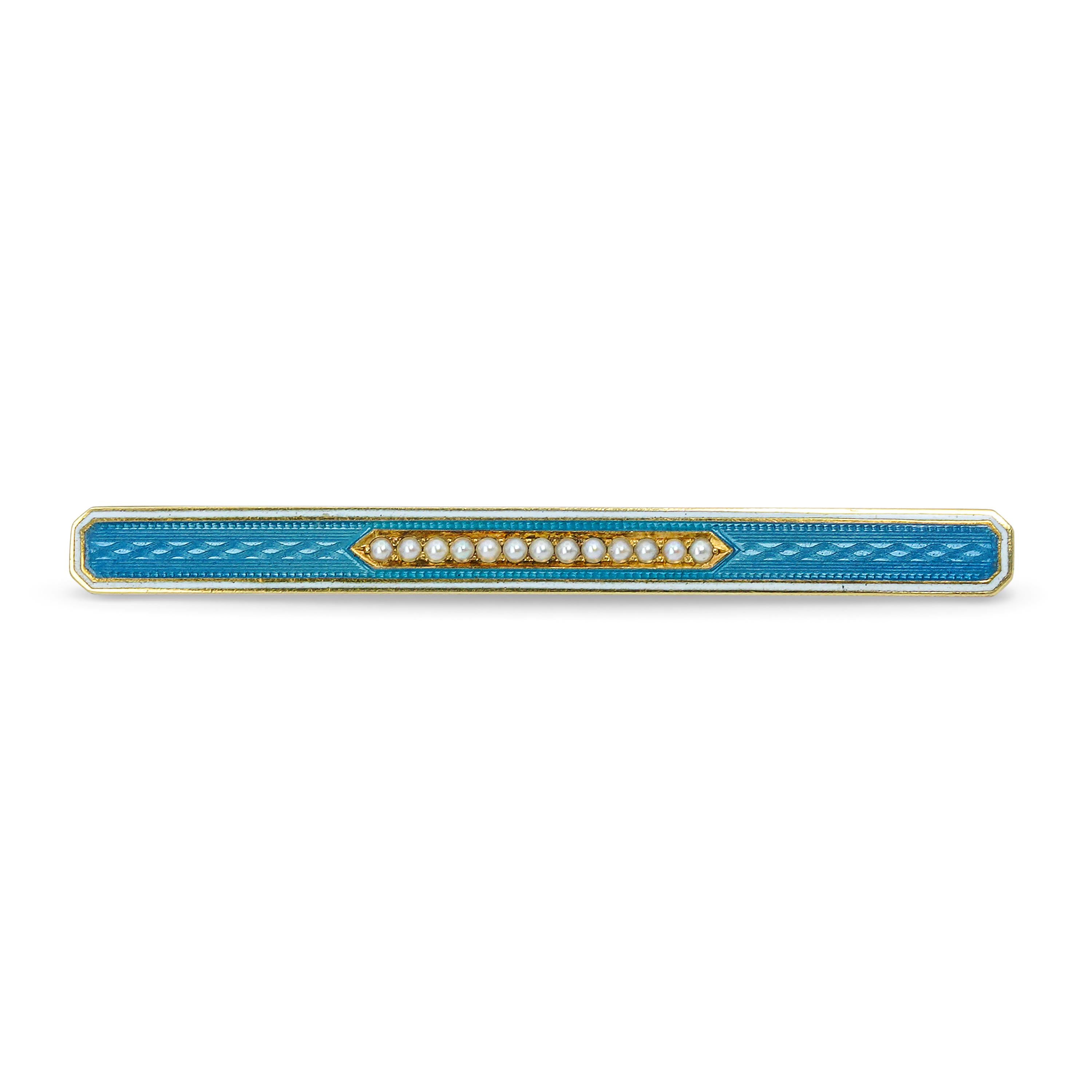 Edwardian 13k Yellow Gold Pearl and Enamel Guilloché Bar Brooch