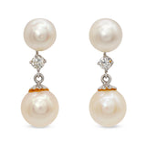 Vintage White Gold Diamond and Akoya Pearl Drop Earrings