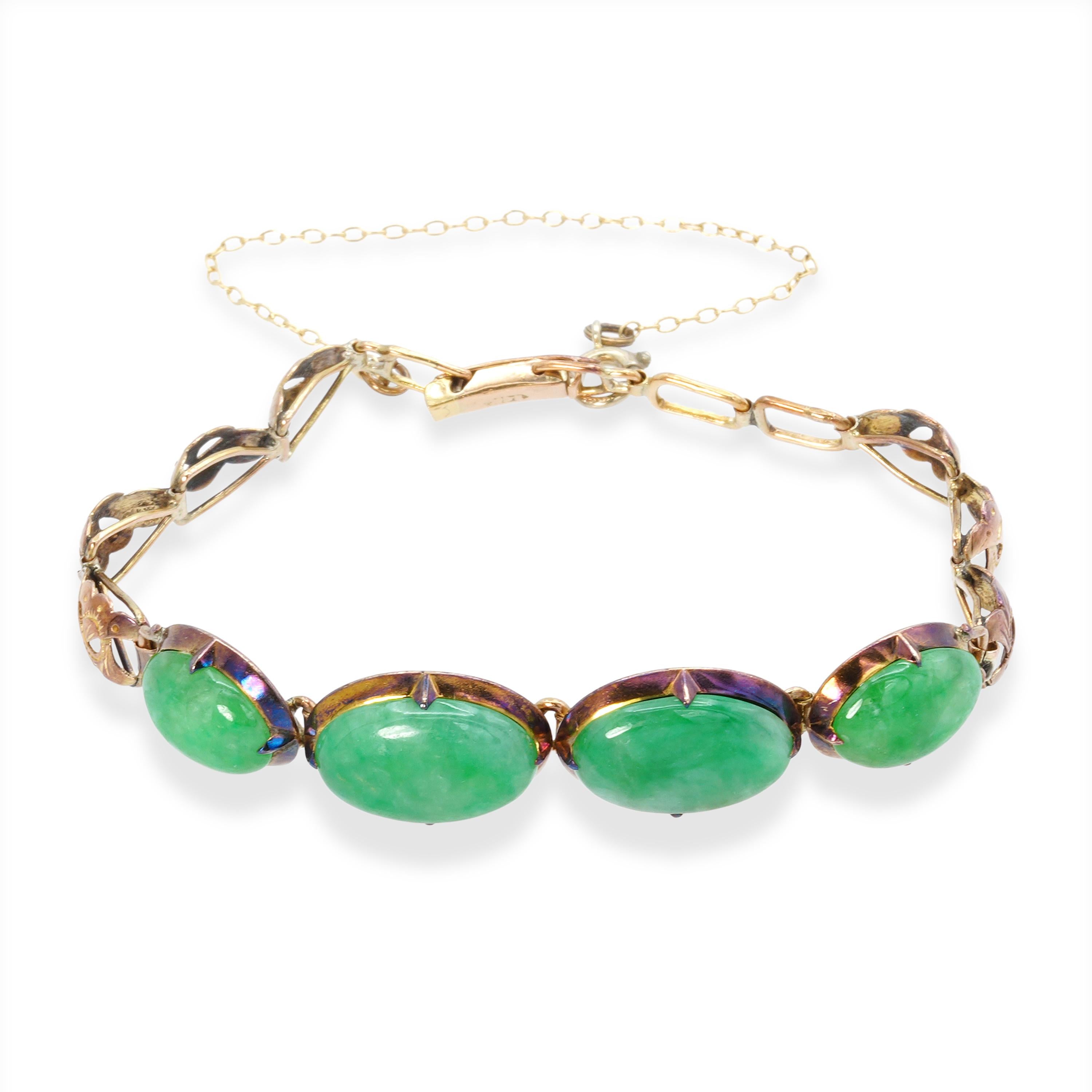 Vintage 14k Yellow Gold 11.2tcw Jadeite Jade Link Bracelet
