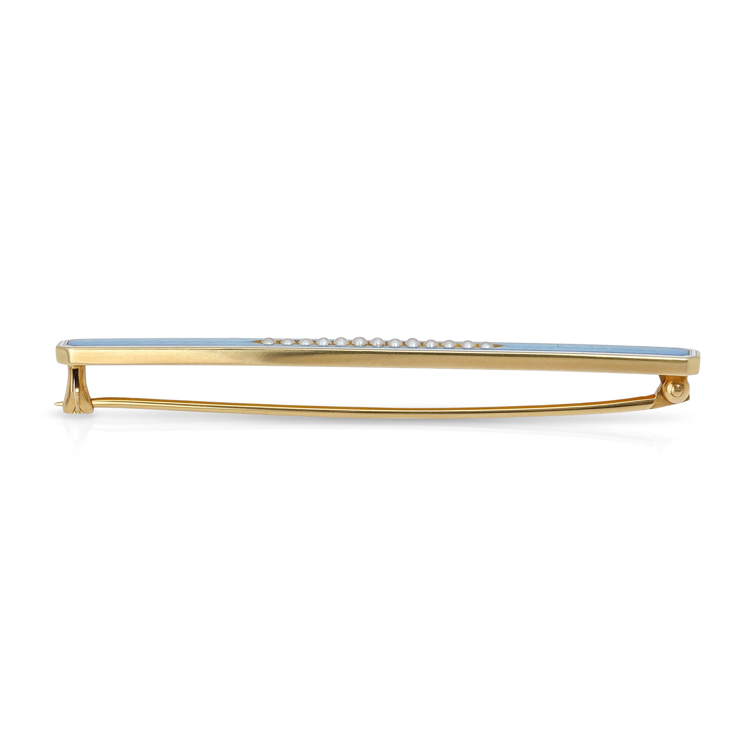 Edwardian 13k Yellow Gold Pearl and Enamel Guilloché Bar Brooch