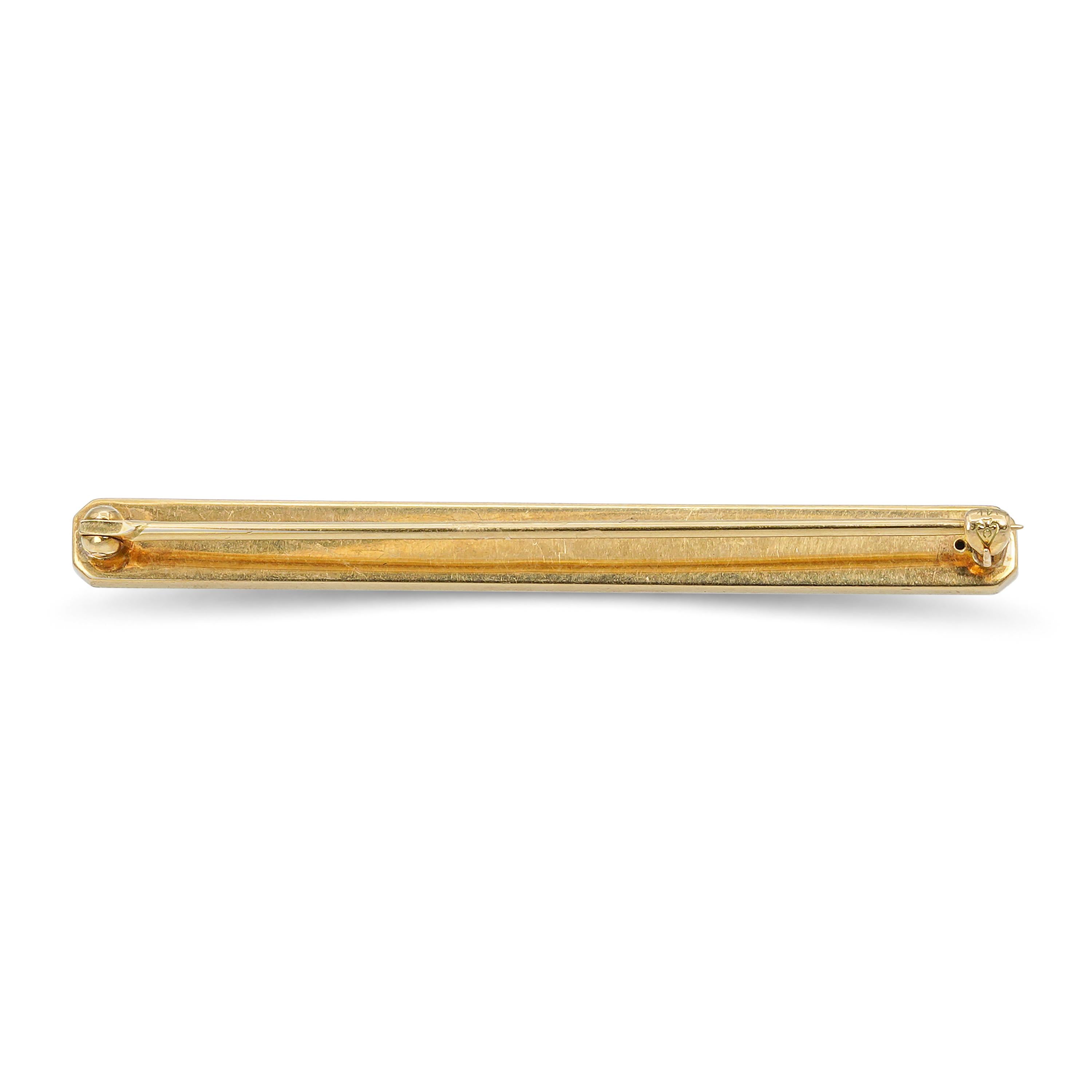 Edwardian 13k Yellow Gold Pearl and Enamel Guilloché Bar Brooch