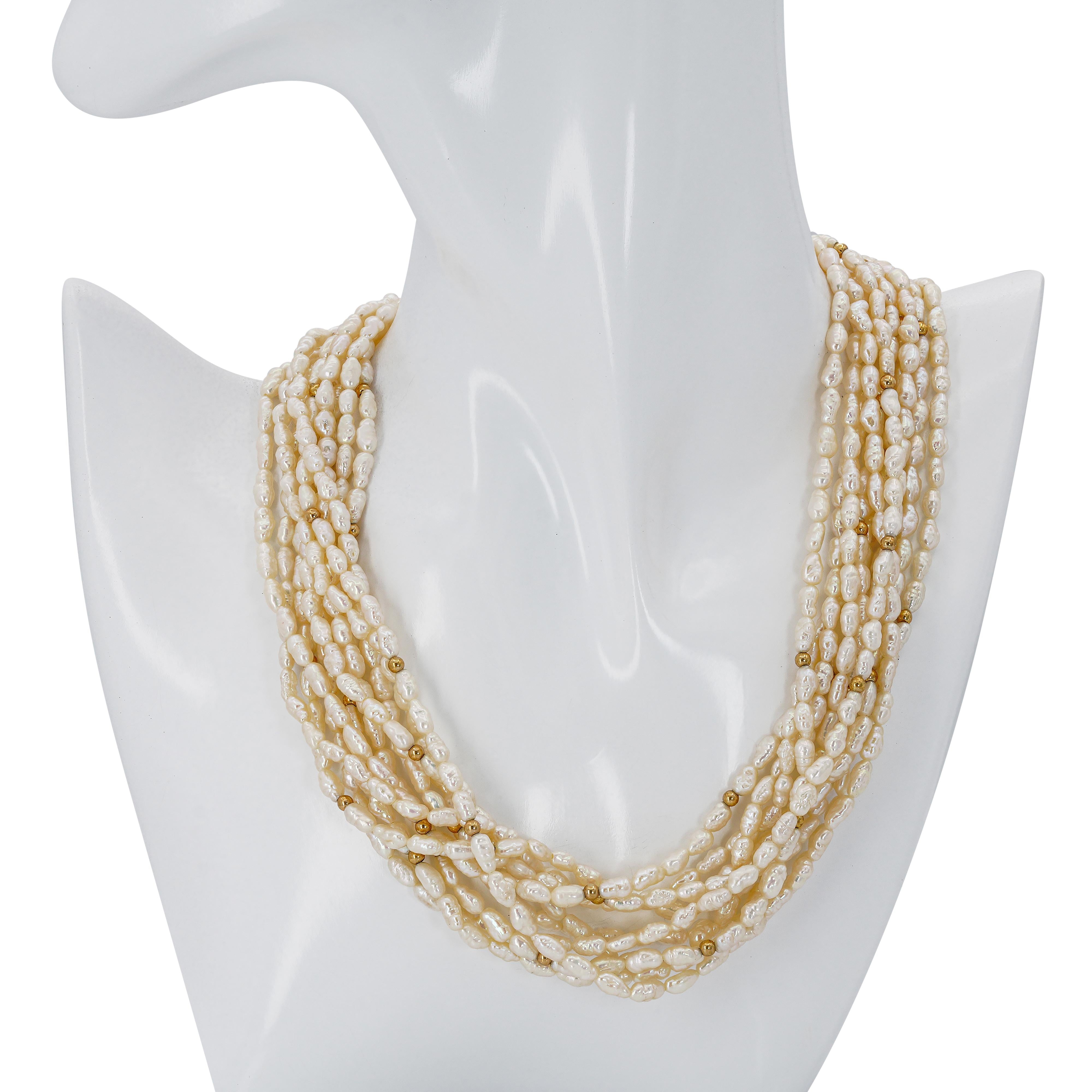Vintage 14k Yellow Gold Rice Pearl Torsade Necklace
