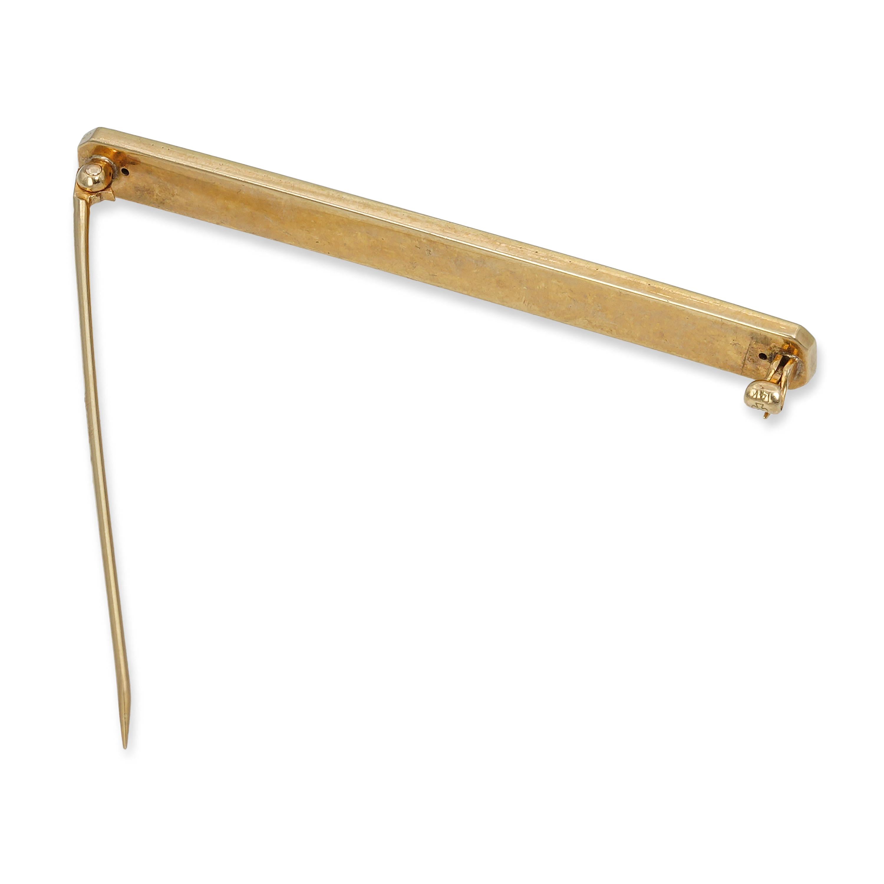 Edwardian 13k Yellow Gold Pearl and Enamel Guilloché Bar Brooch