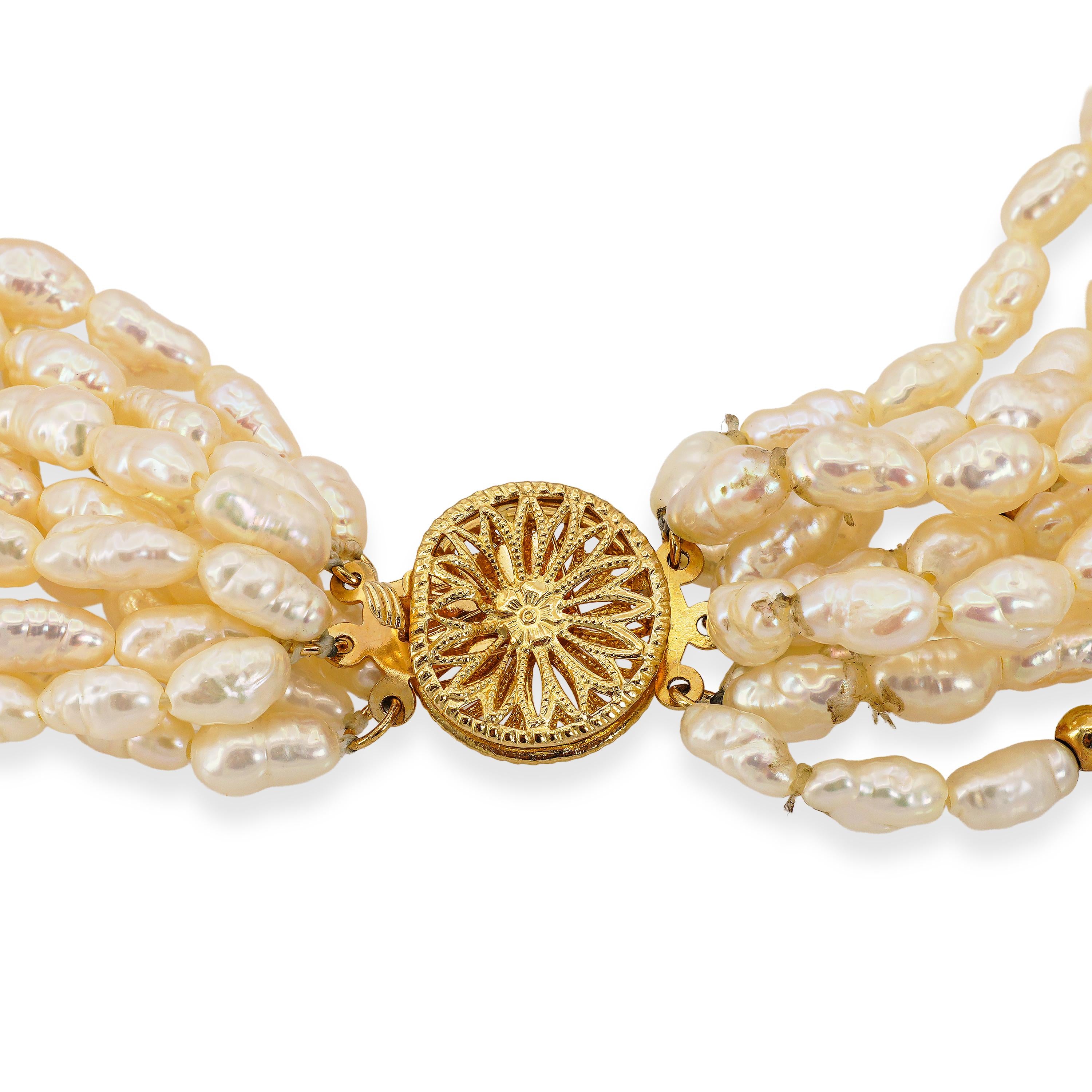 Vintage 14k Yellow Gold Rice Pearl Torsade Necklace