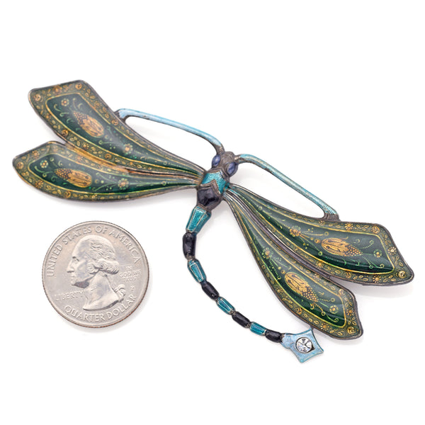 Antique Art Nouveau Rhinestone Enamel Dragonfly Large Brooch Pin