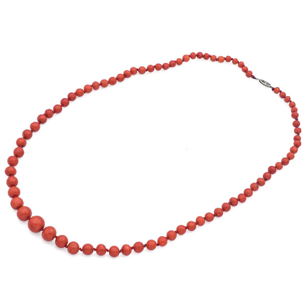 Vintage 10K White Gold Red Coral Graduated Beaded Strand Necklace