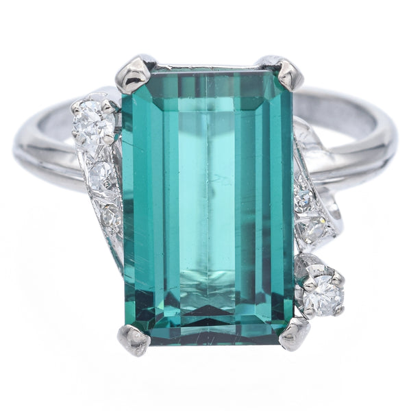Vintage 14K White Gold 4.2 Ct Emerald Cut Green Tourmaline & Diamond Ring