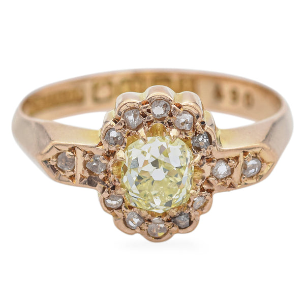 GIA A.W.C & Co. 0.62 Ct Greenish Yellow Old Mine Cut Diamond 18K Gold Ring