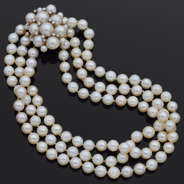 Vintage Pearl & 0.64 TCW Diamond 14K Yellow Gold Beaded Multi-Strand Necklace