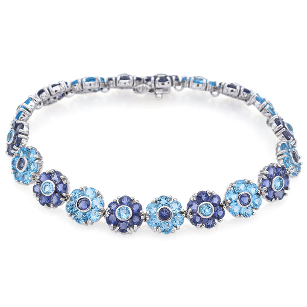 Estate 14K White Gold Blue Topaz & Tanzanite Floral Link Tennis Bracelet