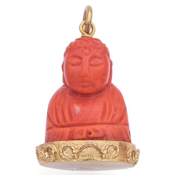 Vintage Corletto Italy 18K Yellow Gold Carved Red Coral Buddha Pendant