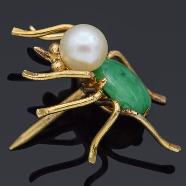 Vintage 14K Yellow Gold Green Jade & Pearl Spider Insect Lapel Pin Tie Tack