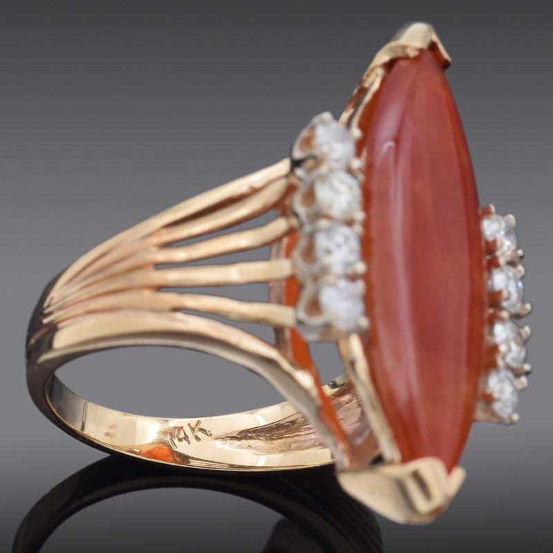 Vintage 14K Yellow Gold 4.96 Ct Orange Jade & 0.48 TCW Diamond Ring Size 5.75