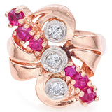 Vintage 14K Rose Gold Ruby & 0.27 TCW Diamond Cocktail Ring Size 6.5