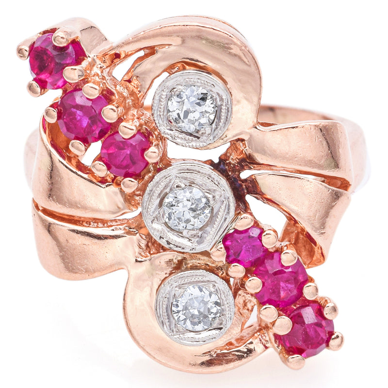 Vintage 14K Rose Gold Ruby & 0.27 TCW Diamond Cocktail Ring Size 6.5