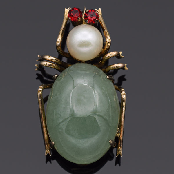 Vintage 14K Yellow Gold Green Jade, Garnet & Pearl Insect Beetle Bug Brooch Pin