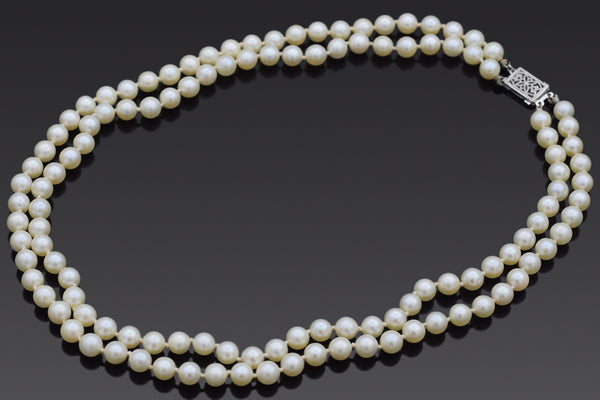 Vintage 14K White Gold 5.5-5.7 mm Pearl Beaded Double-Strand Necklace 15.5 Inches