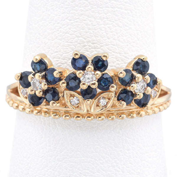 Estate Sapphire & Diamond 14K Yellow Gold Floral Band Ring Size 9.5