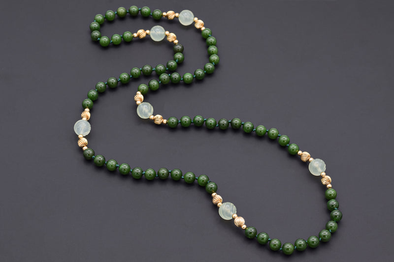 Vintage 14K Yellow Gold 8-12 mm Green Jade Beaded Strand Necklace 34 Inches