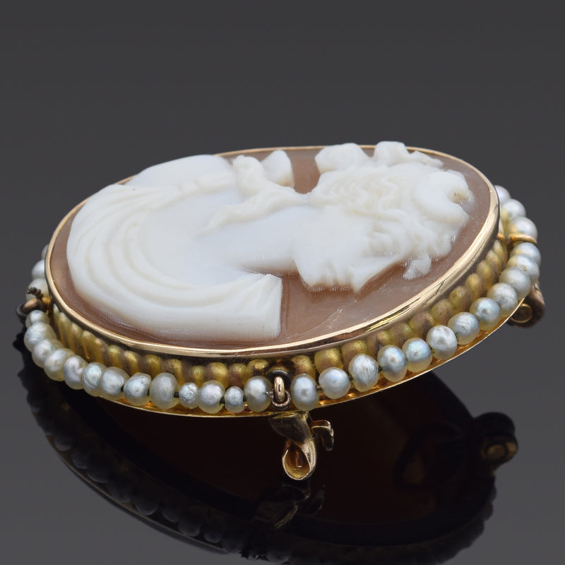 Antique 10K Yellow Gold Cameo Shell & Pearl Oval Brooch Pin Pendant