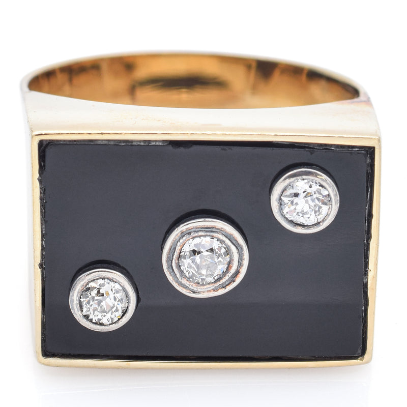 Antique 14K Yellow Gold Black Onyx & Old Euro Diamond Rectangle Signet Ring