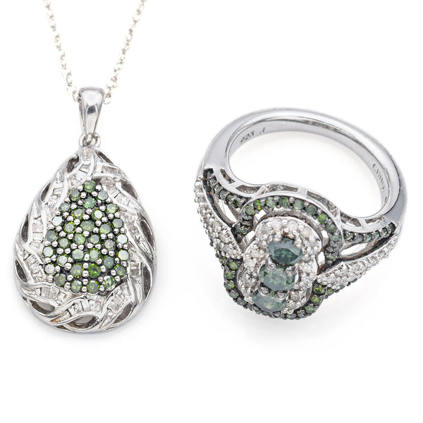 Estate 2.39TCW Green & White Diamond Sterling Silver Pendant Necklace & Ring Set