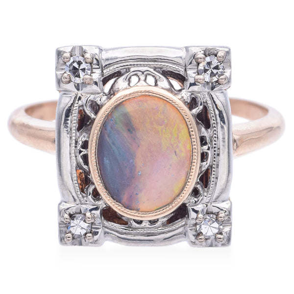 Vintage 14K Yellow Gold Opal & Diamond Cocktail Ring Size 7.5